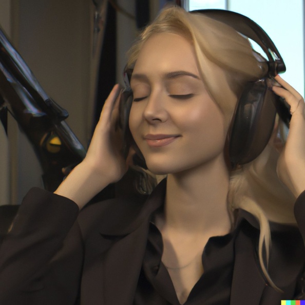 Wide shot professional photograph of a beautiful, smiling young blonde woman with closed eyes wearing large helicopter headset, mastery of color grad.jpg