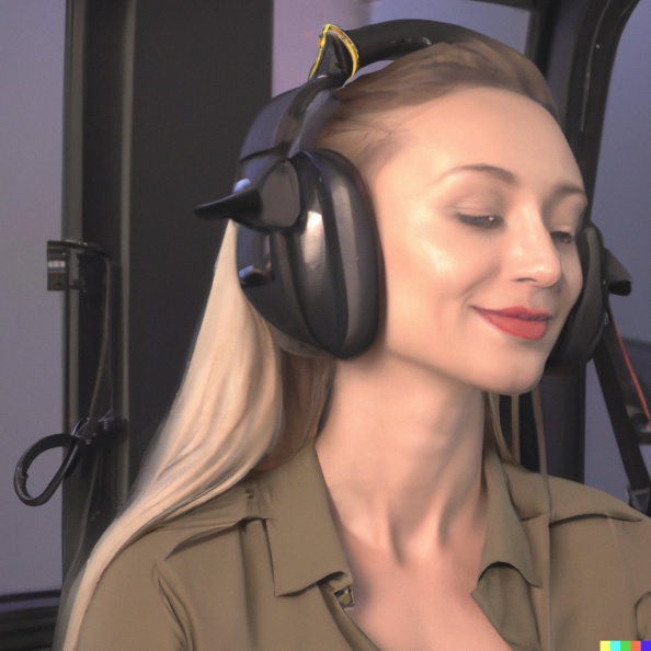 Wide shot professional photograph of a beautiful, smiling young blonde woman with closed eyes wearing large helicopter headset, mastery of color grad (3).jpg
