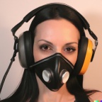 A wide-shot photo of a gorgeous smiling young woman wearing large black vintage headphones over her ears, and wearing a transparent oxygen mask over h (3)