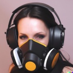 A wide-shot photo of a gorgeous smiling young woman wearing large black vintage headphones over her ears, and wearing a transparent oxygen mask over h