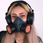 A wide-shot photo of a gorgeous smiling young blonde woman wearing large black vintage headphones over her ears, and wearing an oxygen mask over her n (3)