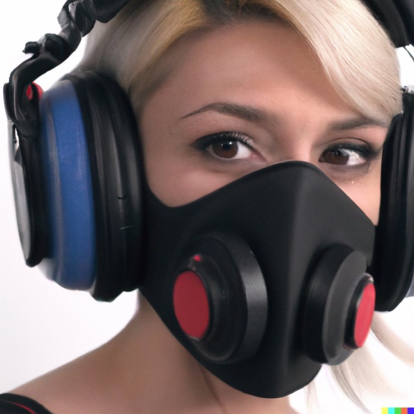 A wide-shot photo of a gorgeous smiling young blonde woman wearing large black vintage headphones over her ears, and wearing an oxygen mask over her n (2).jpg