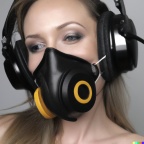 A wide-shot photo of a gorgeous smiling young blonde woman wearing large black vintage headphones over her ears, and wearing an oxygen mask over her n