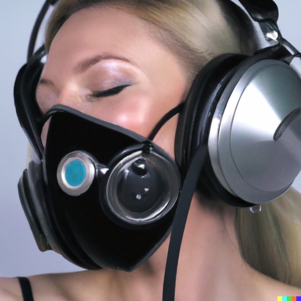 A wide-shot photo of a gorgeous smiling young blonde woman wearing large black vintage headphones over her ears, and wearing a clear transparent shiny.jpg