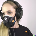 A wide-shot photo of a gorgeous smiling young blonde woman wearing high detailed realistic large black vintage headphones over her ears, and wearing a (2)