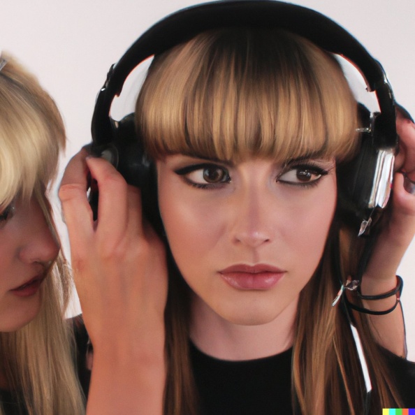 A hyperrealistic photograph of a gorgeous young blonde woman with bangs wearing large black vintage headphones, putting large black vintage headphones (2).jpg