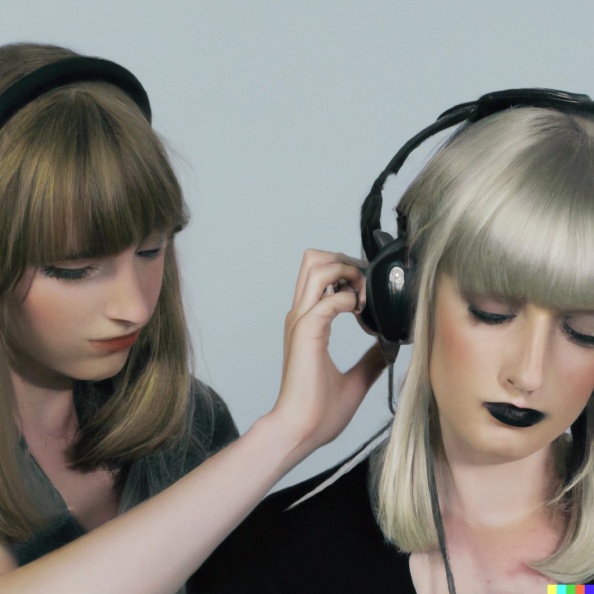 A hyperrealistic photograph of a gorgeous young blonde woman with bangs wearing large black vintage headphones, putting large black vintage headphones.jpg